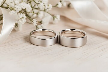 Elegant Wedding Bands on Rustic Wood Background