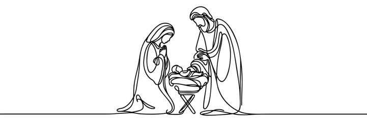 Continuous one line Christmas vector Christian nativity scene of baby Jesus with Mary and Joseph. Bethlehem scene