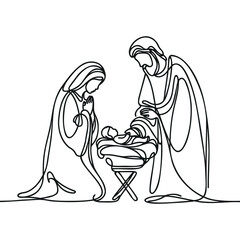Continuous one line Christmas vector Christian nativity scene of baby Jesus with Mary and Joseph. Bethlehem scene