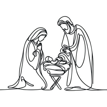recommend clip art: Continuous one line Christmas vector Christian nativity scene of baby Jesus with Mary and Joseph. Bethlehem scene