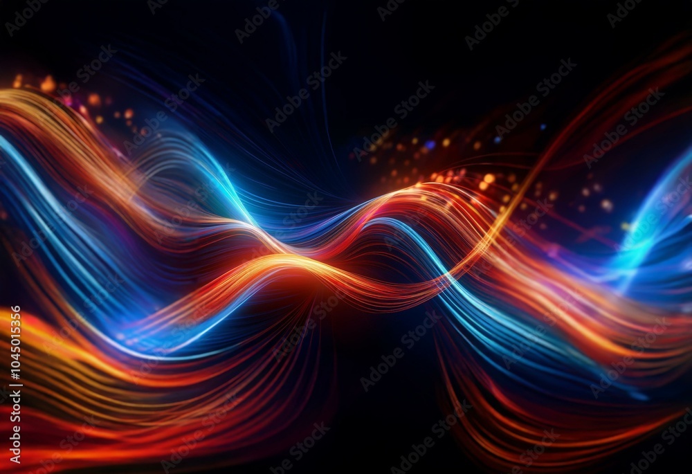 Poster abstract digital art with flowing lines of blue and red light on a black background.