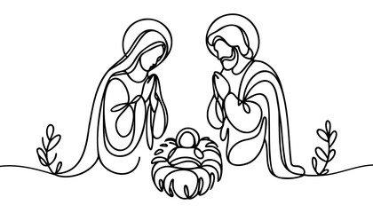 Continuous one line Christmas vector Christian nativity scene of baby Jesus with Mary and Joseph. Bethlehem scene