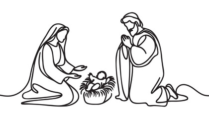 Continuous one line Christmas vector Christian nativity scene of baby Jesus with Mary and Joseph. Bethlehem scene