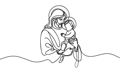 One continuous line drawing of a minimal Jesus Christ holding a baby in his arms.