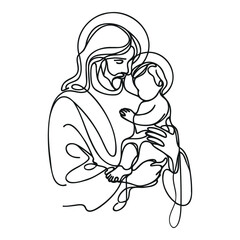 One continuous line drawing of a minimal Jesus Christ holding a baby in his arms.