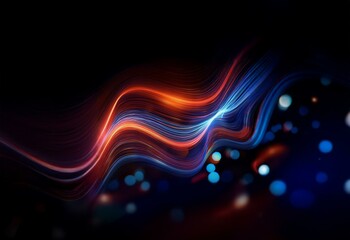 Abstract background with vibrant red and blue flowing lines against a black background, with bokeh effect.