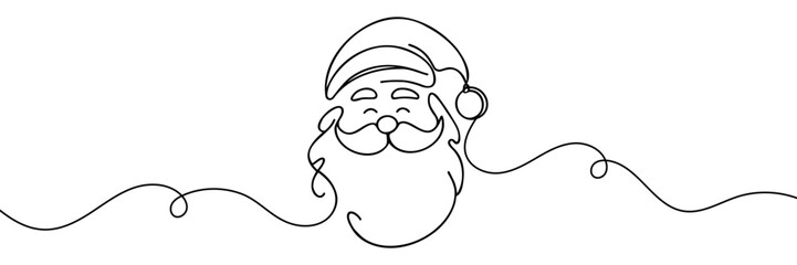 Santa Claus face. Continuous line portrait of Santa. One line Black white christmas sketch the head of Santa Claus.