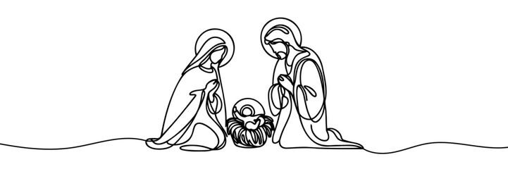 Continuous one line Christmas vector Christian nativity scene of baby Jesus with Mary and Joseph. Bethlehem scene