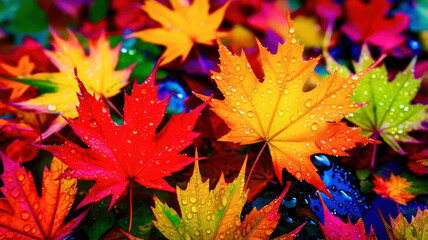 A colorful array of autumn leaves with droplets of water on them