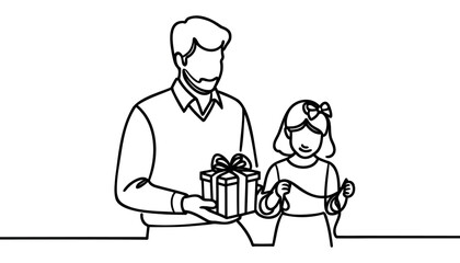 Continuous one line drawing of father giving gift to daughter, children birthday party concept, one line drawing.