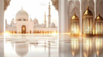 Obraz premium Golden Lanterns Mosque Interior 3D Illustration