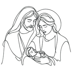 Continuous one line Christmas vector Christian nativity scene of baby Jesus with Mary and Joseph. Bethlehem scene