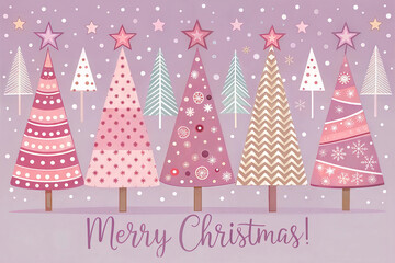 Merry Christmas postcard. Collection of Christmas trees on purple background. Festive illustration. 