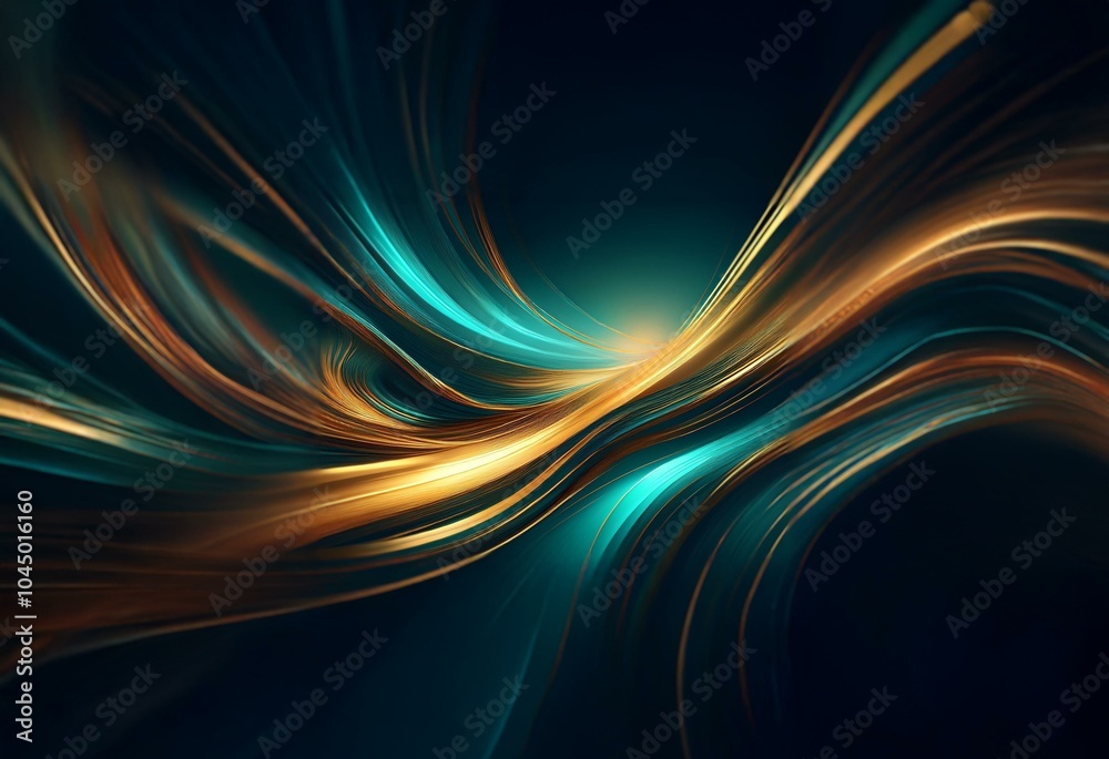 Poster abstract digital art with swirling patterns of blue and gold against a black background.