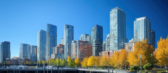 Obraz premium A panoramic view of a modern cityscape with tall skyscrapers and golden autumn trees.