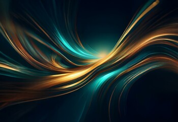 Abstract digital art with swirling patterns of blue and gold against a black background.
