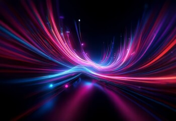 A vibrant, swirling abstract design of blue and pink light streaks against a dark background, resembling a star trail or a futuristic cityscape.