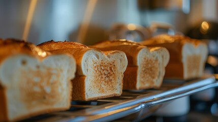 A row of toasters available for making crunchy toast or a quick bagel breakfast.