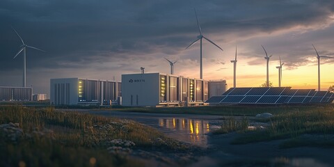 Obraz premium Photorealistic image of a modern battery storage facility with solar panels
