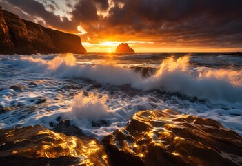 vibrant waves crash rugged beach rocks beautiful coastal scene capturing power serenity, surf, ocean, sea, coastline, shoreline, water, sand, tidal