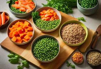 colorful eye catching dog food bowls displaying fresh ingredients vibrant layout natural elements, pet, colors, dining, arrangement, textures, ceramic, metal