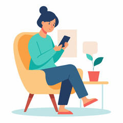 Woman with mobile phone in chair at home texting message vector illustration