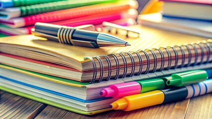 Fototapeta premium Stunning Tilt-Shift Photography of Notebook Paper with Colorful Stationery and Writing Instruments for Creative Inspiration and Aesthetic Appeal in Office Settings