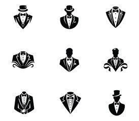 Collection of tuxedo men logo design. Bow tie tuxedo suit gentleman fashion tailor cloth set. Icon set