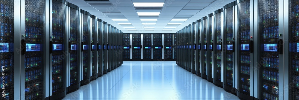 Poster modern data center with rows of network servers, cloud computing and technology concept.