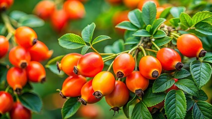 Orange Ripe Rose Hips in the Garden - Captivating Landscape Photography of Vibrant Berries, Lush Greenery, and Natural Beauty for Stunning Nature Imagery