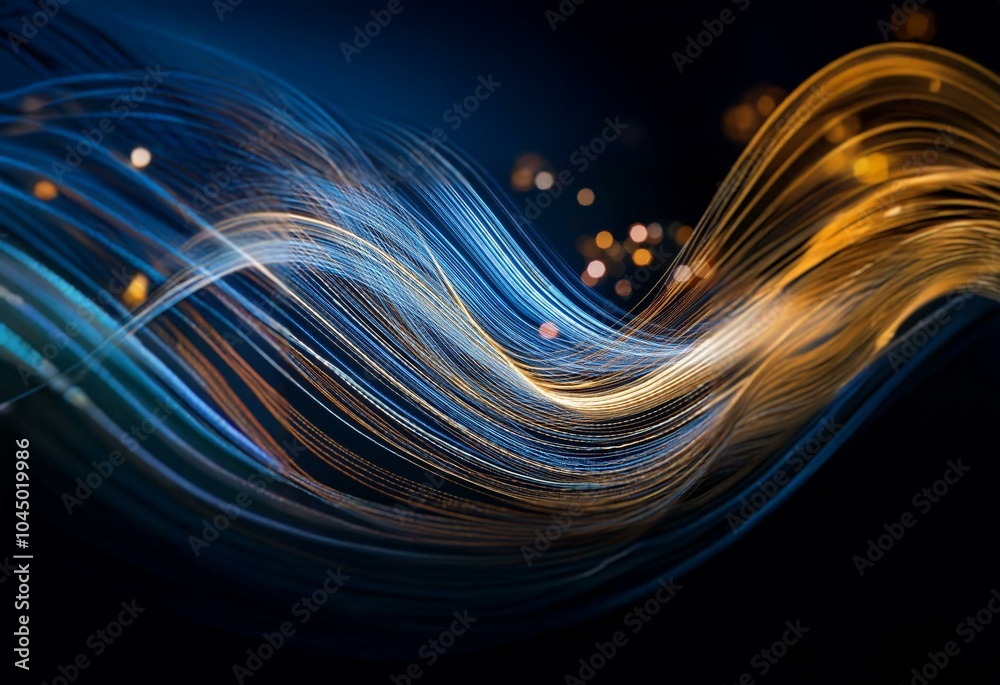 Poster abstract digital art featuring flowing lines of blue and gold with a black background.