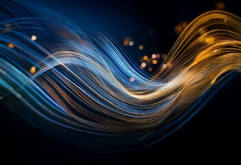 Abstract digital art featuring flowing lines of blue and gold with a black background.