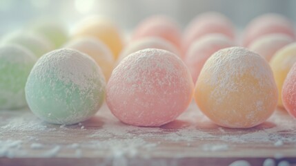 Assorted mochi flavors in soft pastel hues are beautifully arranged on a rustic wooden board. The sunlight accentuates their glossy surfaces, inviting a tempting taste experience.