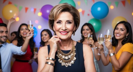 hispanic latino mature woman party celebration bright background wearing fashion portrait
