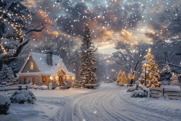 Cozy Snow-covered Cabin with Christmas Lights and Snowfall at Night