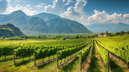 Obraz premium Panoramic view of lush vineyard with rows of grapevines, leading to majestic mountains under vibrant blue sky. Simple house adds rural charm.