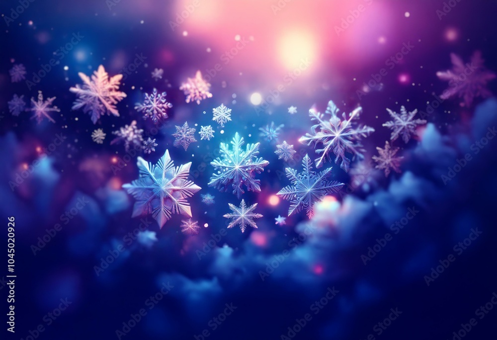 Poster a vibrant and colorful abstract image features intricate snowflakes falling against a dark blue back