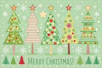 Merry Christmas postcard. Collection of Christmas trees on green background. Festive illustration. 