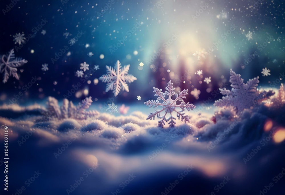 Poster a snowy winter scene with falling snowflakes, a glowing forest in the background, and a soft light s