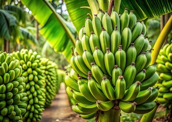 Fresh Green Bananas on Palm Tree Branches - Tropical Plantation Fruits, Healthy Sugar Alternative, Minimalist Photography of Nature's Sweetness, Perfect for Food Content