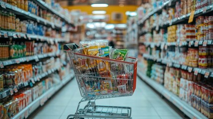 Shopping Cart in a Grocery Store Aisle
