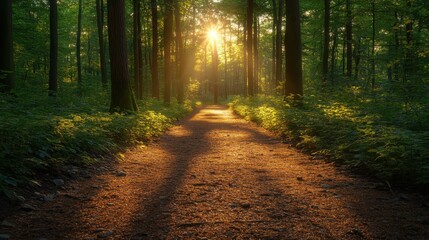 Obraz premium Sunlight shining through trees in a forest with a dirt path