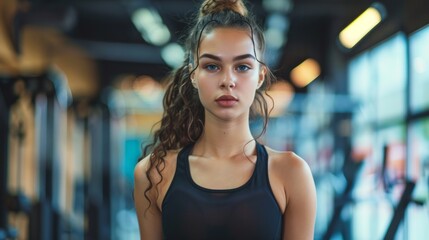 Fototapeta premium Serious woman with blue eyes and curly hair in a gym. Alone, focused, determined. Spacious, equipment in background. Tramnquil setting, she stands out.