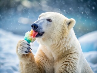 Polar Bear Enjoying Ice Cream in a Snowy Landscape - Fun Wildlife Photography, Cute Animal Moments, Arctic Adventure, Ice Cream Treats, Nature Scenes, Playful Bears