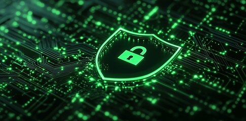 3D Illustration of a Shield and Lock Icon on Black Background