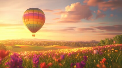 Fototapeta premium A rainbow-colored hot air balloon gently floats above a serene countryside, surrounded by blooming fields. The soft sunset casts a dreamy glow over this enchanting landscape, inviting adventure.