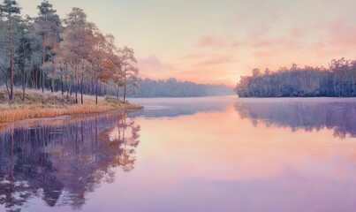 Misty lake reflecting pink sunset over trees.