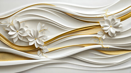 White Flowers on Golden Wavy Lines 3D Illustration