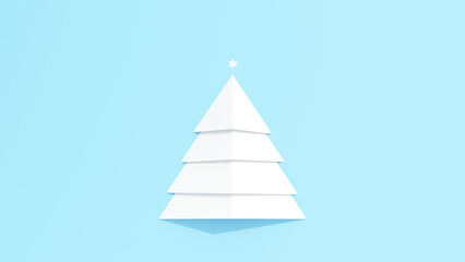 Fototapeta premium Christmas tree paper cut decoration winter holiday snow white blue background 3d illustration render