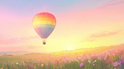 Naklejka premium A rainbow-colored hot air balloon gently floats above a serene countryside, surrounded by blooming fields. The soft sunset casts a dreamy glow over this enchanting landscape, inviting adventure.